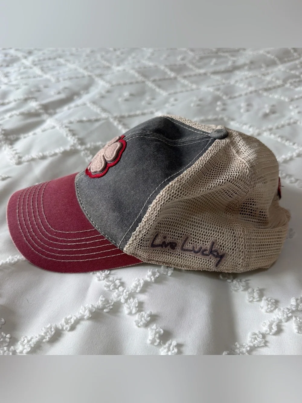 Black Clover Trucker Hat Gray Red One Size Topgolf Live Lucky Mesh Snapback Cap